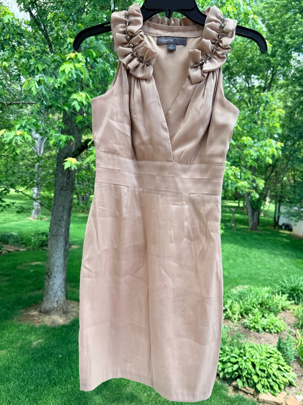 Donna Ricco Beige Ruffle-Neck Sleeveless Sheath Dress